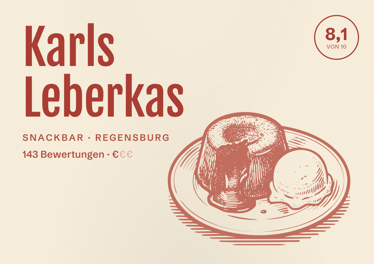 Illustriertes Poster von Karls Leberkas, Snackbar in Regensburg: Bewertung 8,1 von 10 aus 143 Bewertungen, Preisniveau €