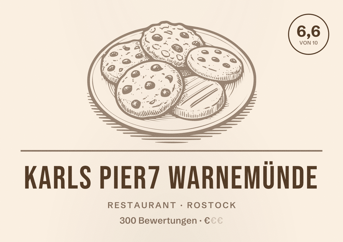 Illustriertes Poster von Karls PIER7 Warnemünde, Restaurant in Rostock: Bewertung 6,6 von 10 aus 300 Bewertungen, Preisniveau €