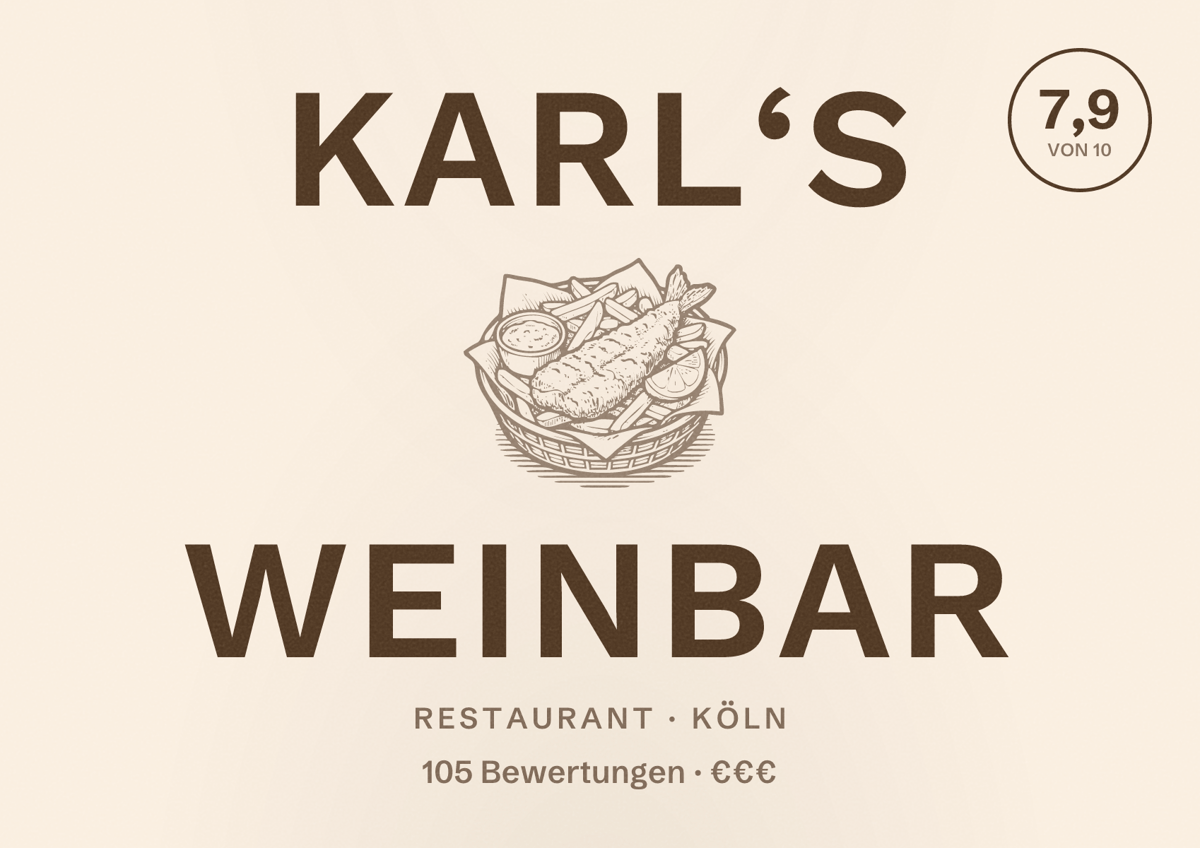 Illustriertes Poster von KARL‘s Weinbar, Restaurant in Köln: Bewertung 7,9 von 10 aus 105 Bewertungen, Preisniveau €€€