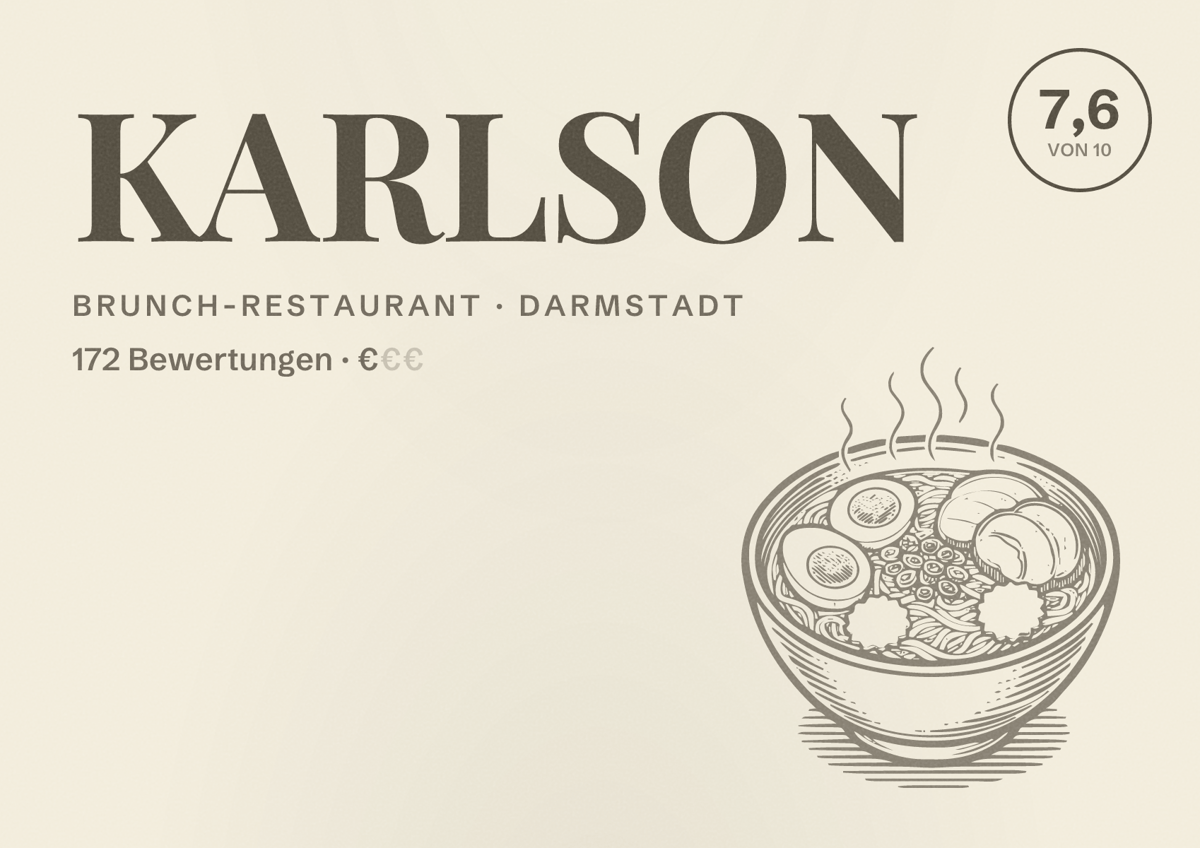 Illustriertes Poster von KARLSON, Brunch-Restaurant in Darmstadt: Bewertung 7,6 von 10 aus 172 Bewertungen, Preisniveau €