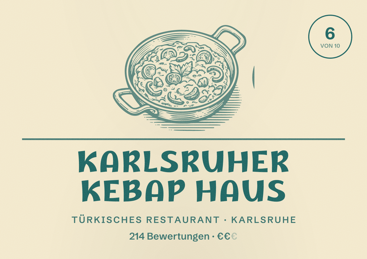Illustriertes Poster von Karlsruher Kebap Haus, Türkisches Restaurant in Karlsruhe: Bewertung 6 von 10 aus 214 Bewertungen, Preisniveau €€