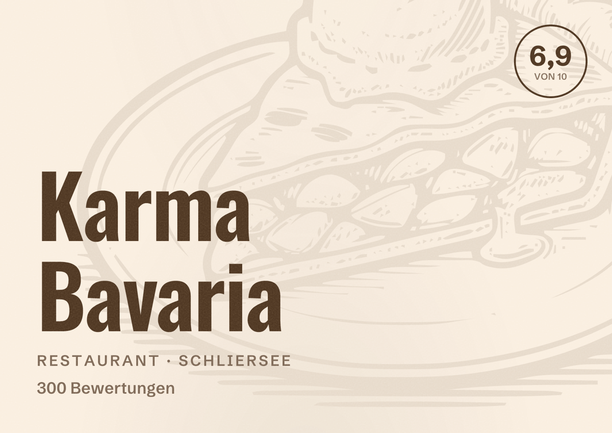Illustriertes Poster von Karma Bavaria, Restaurant in Schliersee: Bewertung 6,9 von 10 aus 300 Bewertungen