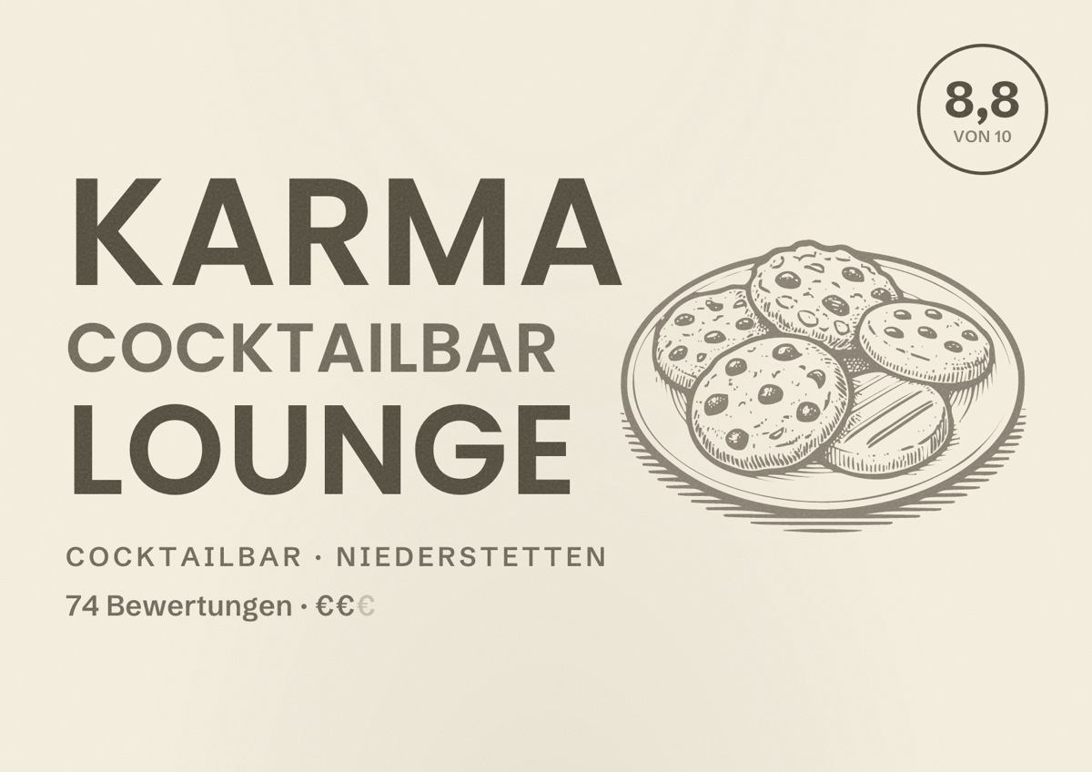 Illustriertes Poster von Karma Cocktailbar Lounge, Cocktailbar in Niederstetten: Bewertung 8,8 von 10 aus 74 Bewertungen, Preisniveau €€