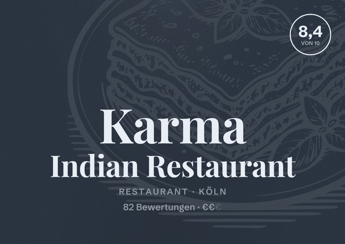 Illustriertes Poster von Karma Indian Restaurant, Restaurant in Köln: Bewertung 8,4 von 10 aus 82 Bewertungen, Preisniveau €€