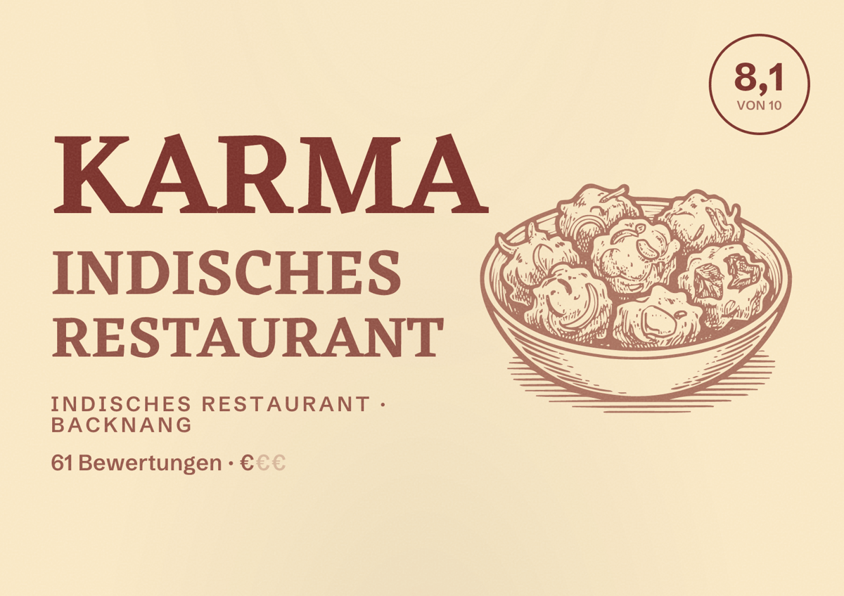 Illustriertes Poster von Karma indisches Restaurant, Indisches Restaurant in Backnang: Bewertung 8,1 von 10 aus 61 Bewertungen, Preisniveau €