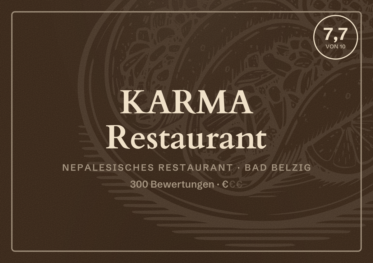 Illustriertes Poster von KARMA Restaurant, Nepalesisches Restaurant in Bad Belzig: Bewertung 7,7 von 10 aus 300 Bewertungen, Preisniveau €