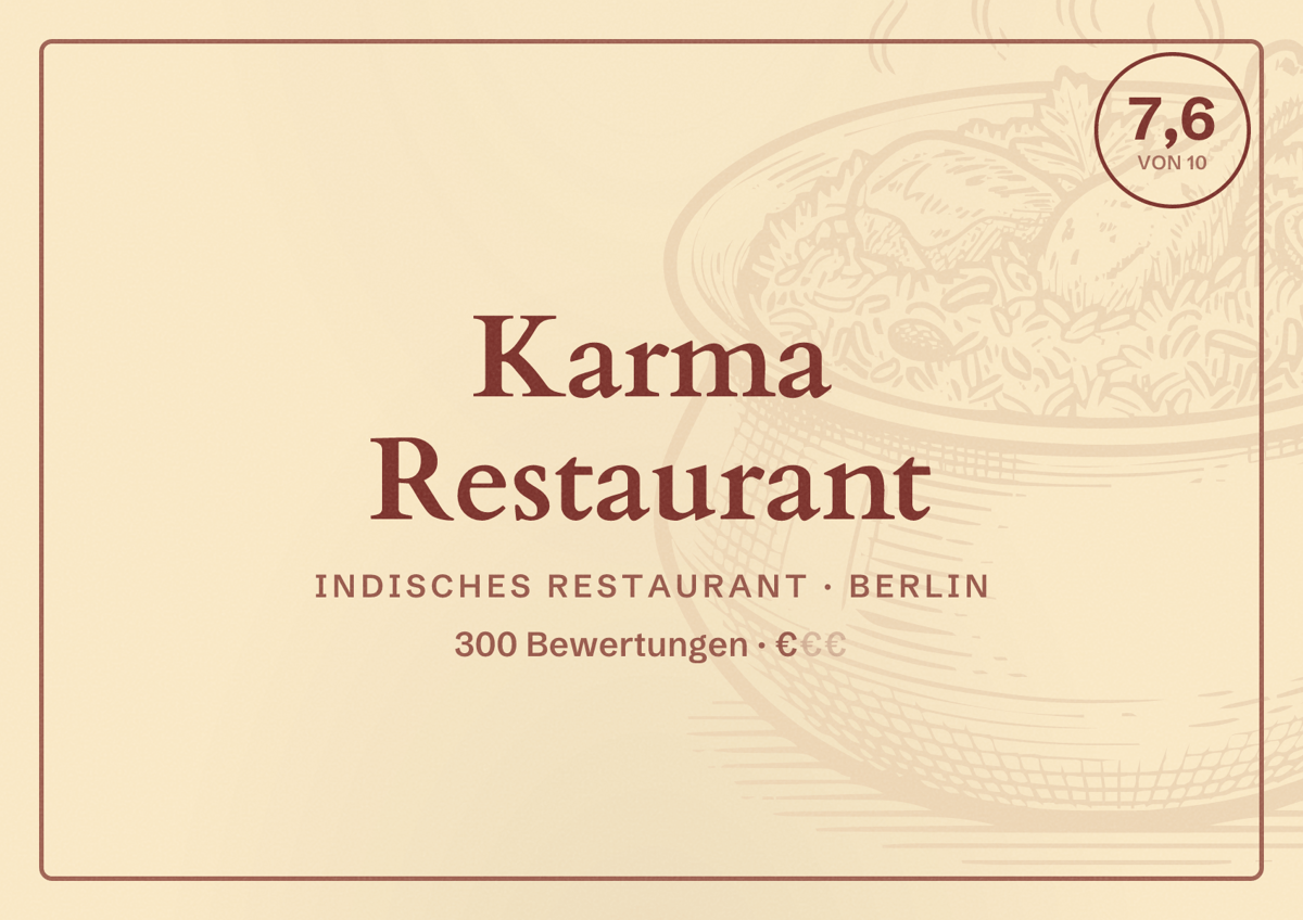 Illustriertes Poster von Karma Restaurant, Indisches Restaurant in Berlin: Bewertung 7,6 von 10 aus 300 Bewertungen, Preisniveau €