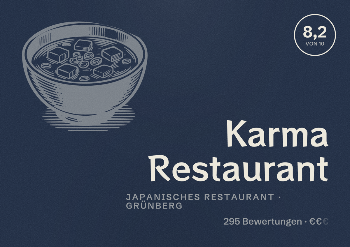 Illustriertes Poster von Karma Restaurant, Japanisches Restaurant in Grünberg: Bewertung 8,2 von 10 aus 295 Bewertungen, Preisniveau €€