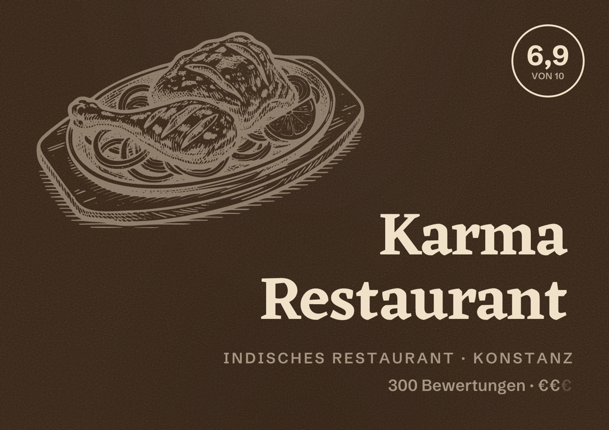 Illustriertes Poster von Karma Restaurant, Indisches Restaurant in Konstanz: Bewertung 6,9 von 10 aus 300 Bewertungen, Preisniveau €€