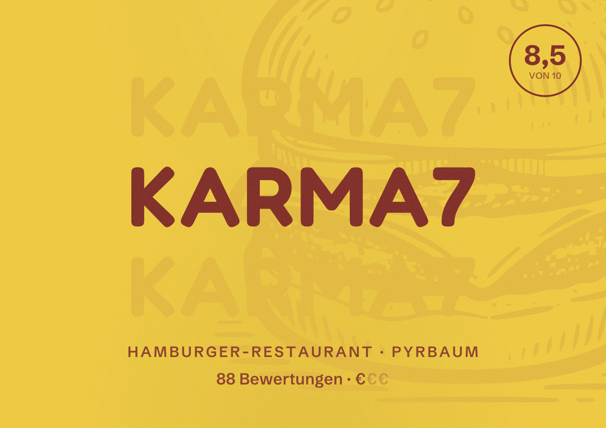 Illustriertes Poster von Karma7, Hamburger-Restaurant in Pyrbaum: Bewertung 8,5 von 10 aus 88 Bewertungen, Preisniveau €