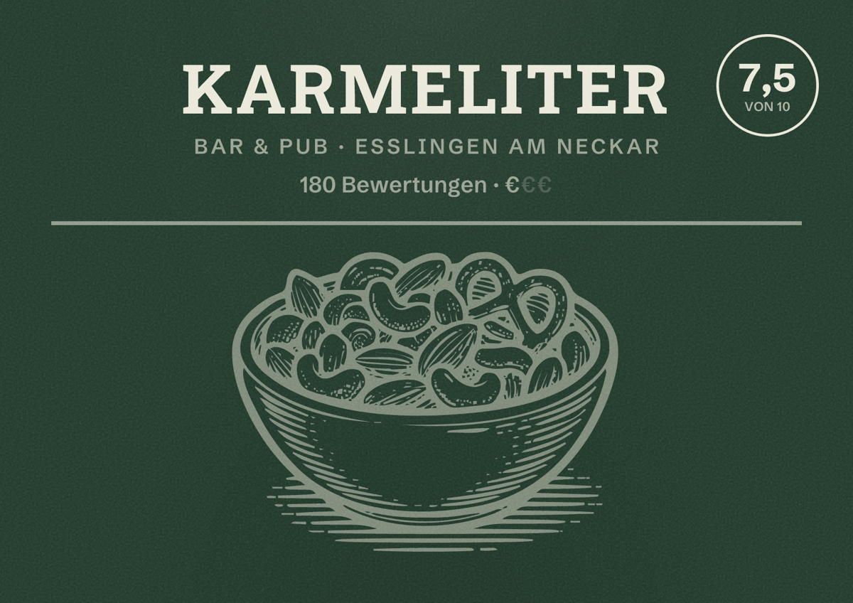 Illustriertes Poster von Karmeliter, Bar & Pub in Esslingen am Neckar: Bewertung 7,5 von 10 aus 180 Bewertungen, Preisniveau €