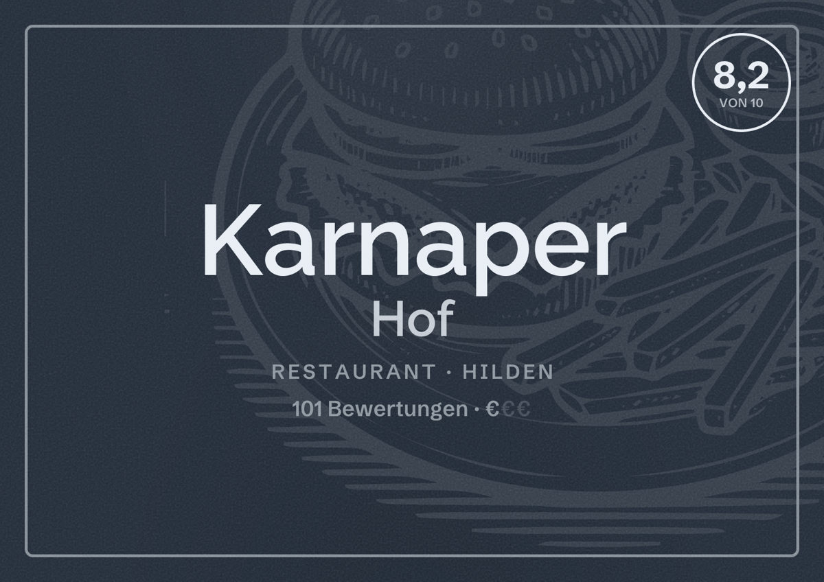 Illustriertes Poster von Karnaper Hof, Restaurant in Hilden: Bewertung 8,2 von 10 aus 101 Bewertungen, Preisniveau €