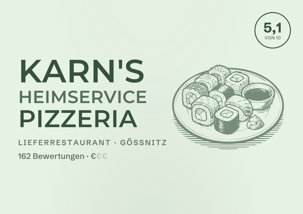 Illustriertes Poster von Karn's Heimservice Pizzeria, Lieferrestaurant in Gößnitz: Bewertung 5,1 von 10 aus 162 Bewertungen, Preisniveau €