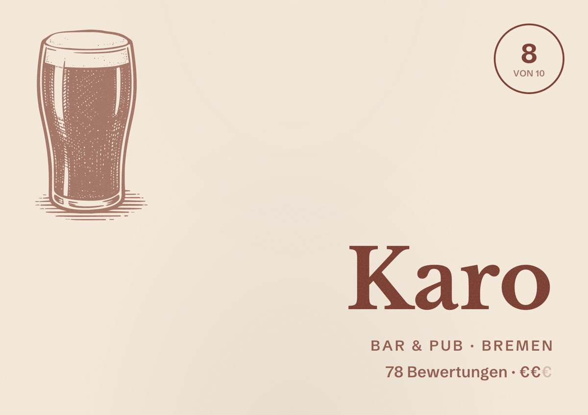 Illustriertes Poster von Karo, Bar & Pub in Bremen: Bewertung 8 von 10 aus 78 Bewertungen, Preisniveau €€