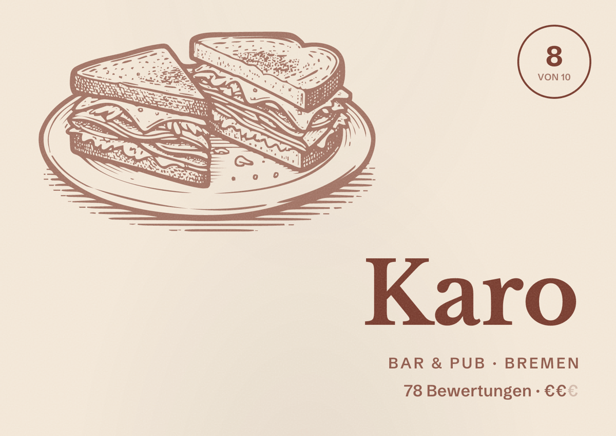 Illustriertes Poster von Karo, Bar & Pub in Bremen: Bewertung 8 von 10 aus 78 Bewertungen, Preisniveau €€