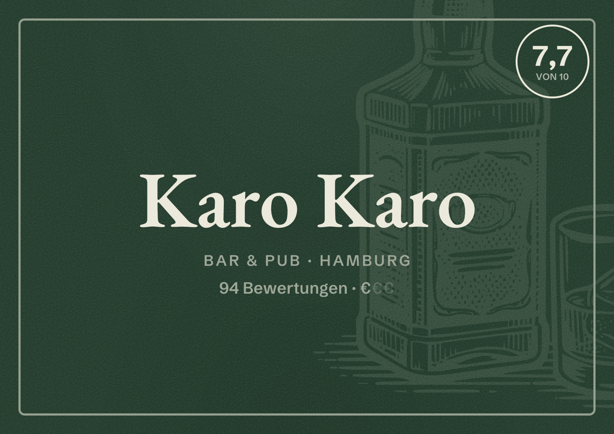 Illustriertes Poster von Karo Karo, Bar & Pub in Hamburg: Bewertung 7,7 von 10 aus 94 Bewertungen, Preisniveau €