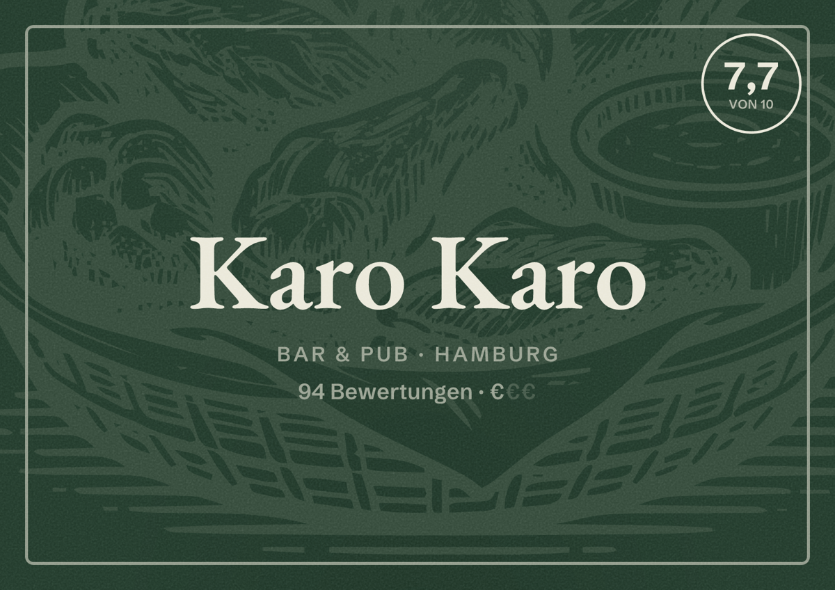 Illustriertes Poster von Karo Karo, Bar & Pub in Hamburg: Bewertung 7,7 von 10 aus 94 Bewertungen, Preisniveau €