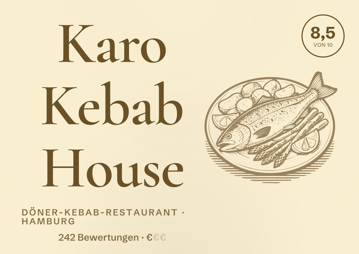 Illustriertes Poster von Karo Kebab House, Döner-Kebab-Restaurant in Hamburg: Bewertung 8,5 von 10 aus 242 Bewertungen, Preisniveau €