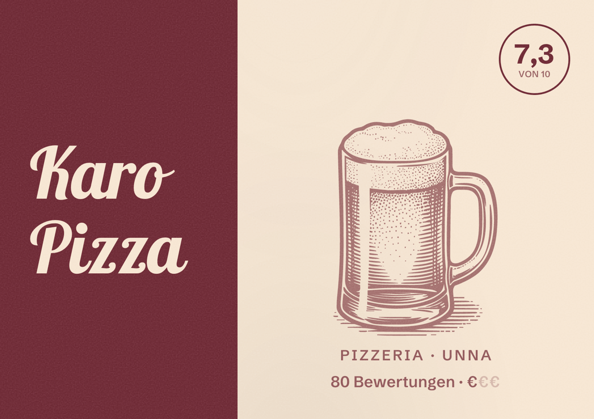 Illustriertes Poster von Karo Pizza, Pizzeria in Unna: Bewertung 7,3 von 10 aus 80 Bewertungen, Preisniveau €