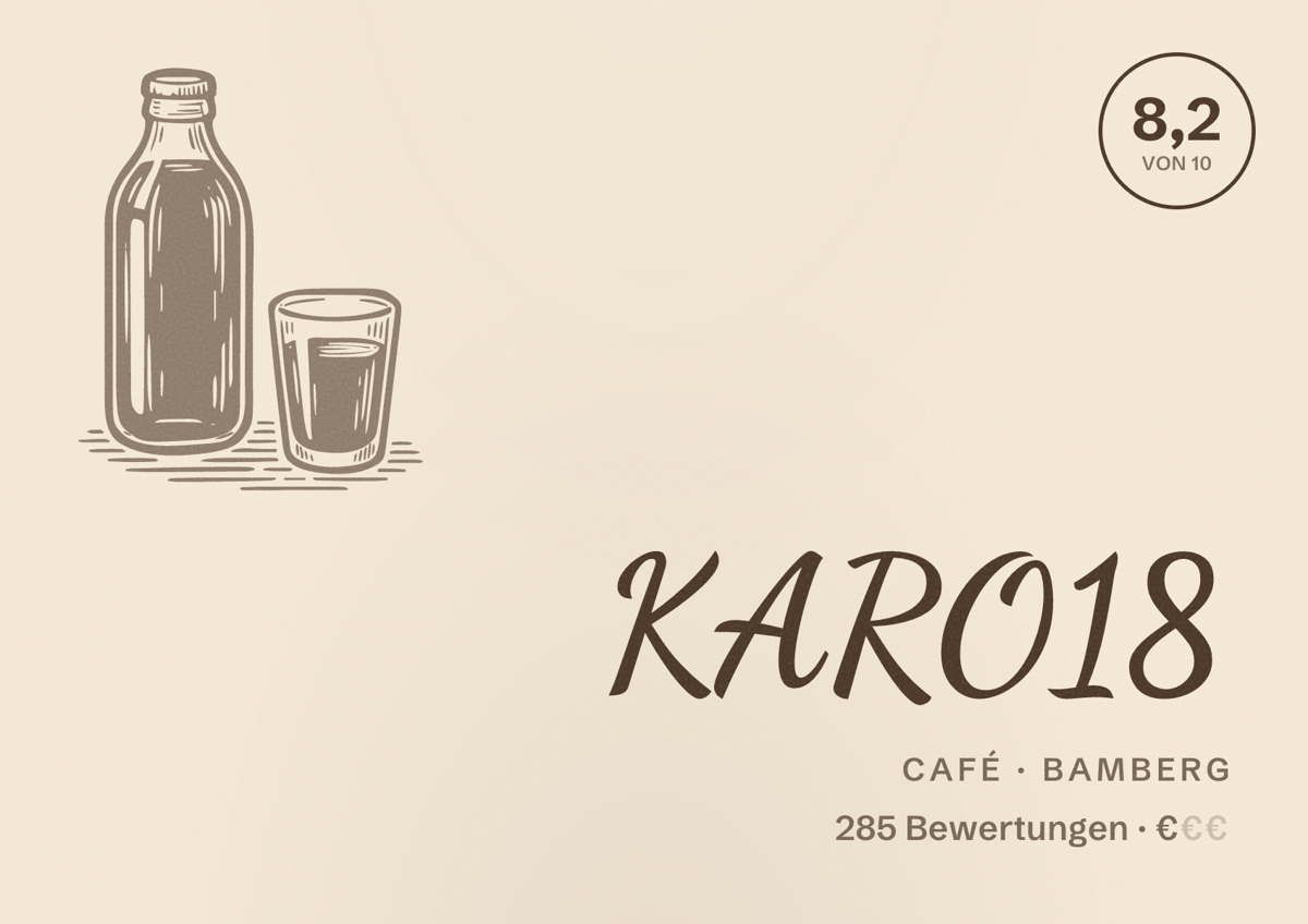 Illustriertes Poster von KARO18, Café in Bamberg: Bewertung 8,2 von 10 aus 285 Bewertungen, Preisniveau €