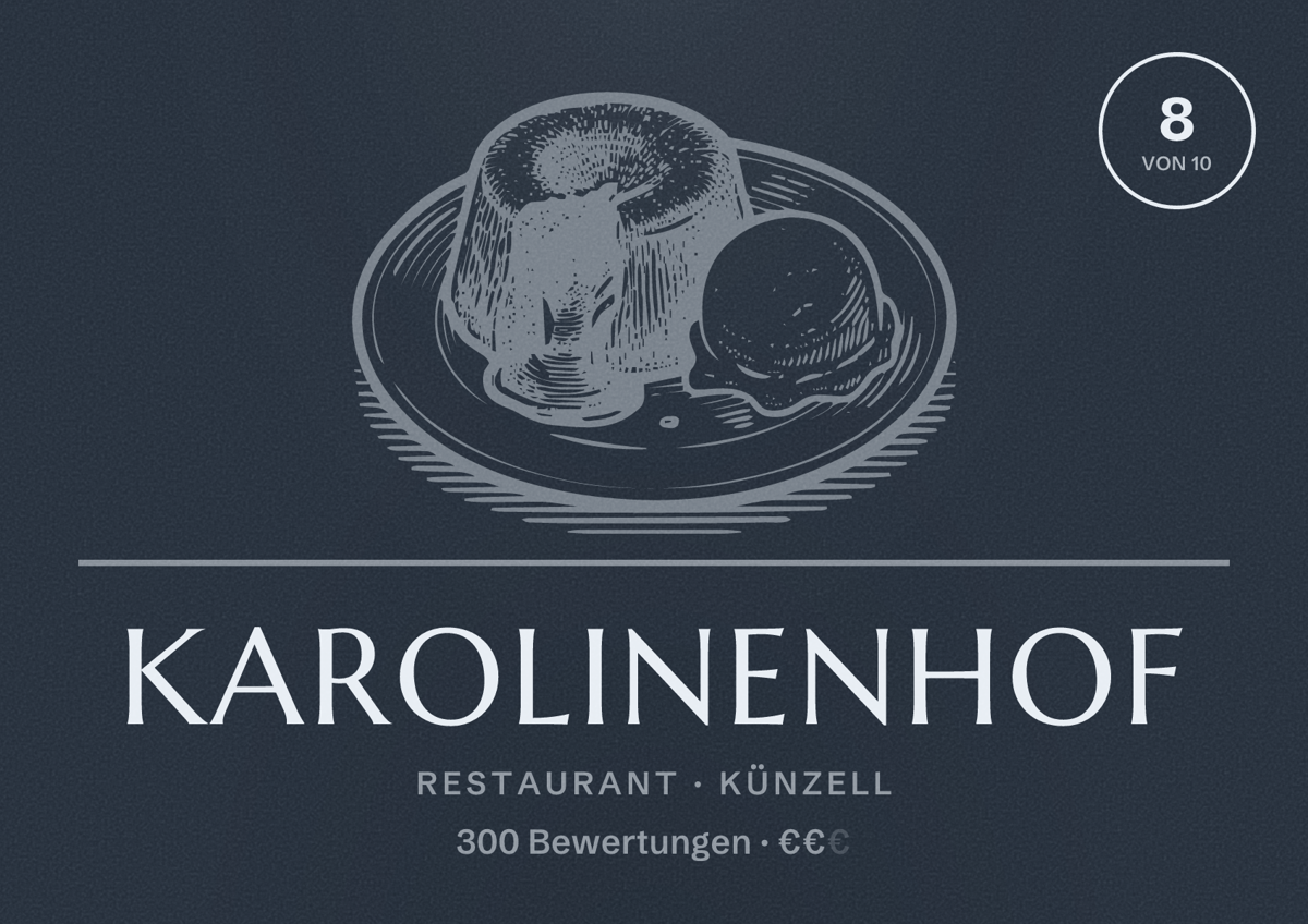 Illustriertes Poster von Karolinenhof, Restaurant in Künzell: Bewertung 8 von 10 aus 300 Bewertungen, Preisniveau €€
