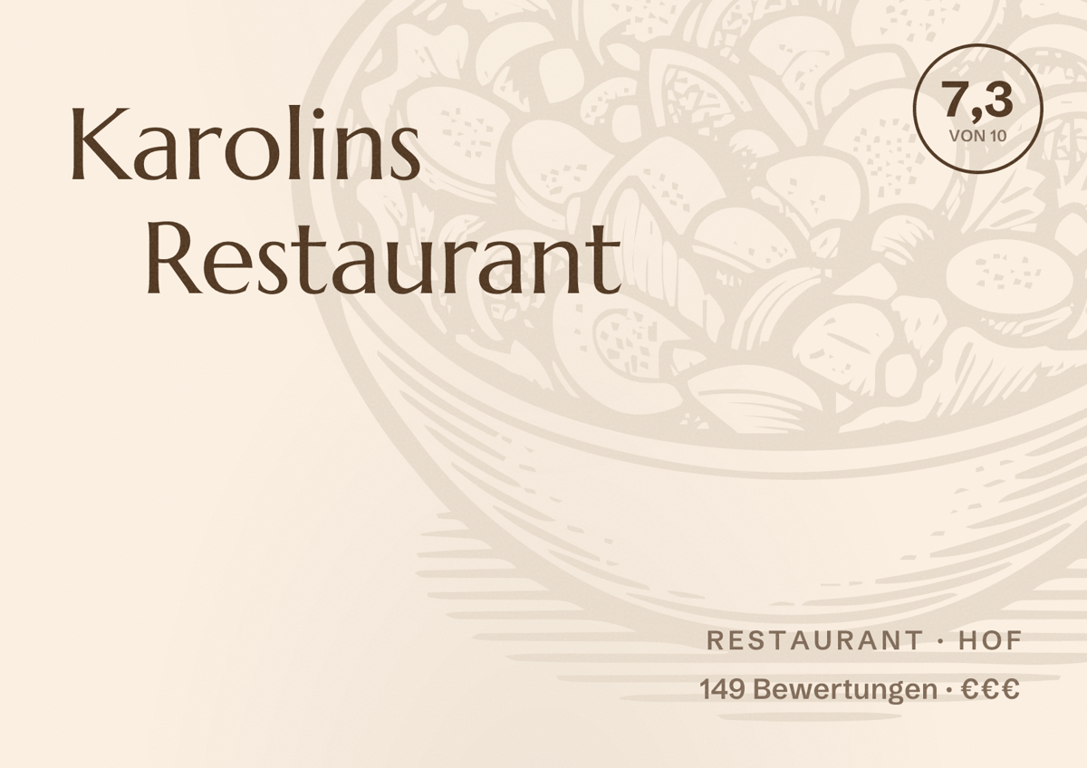 Illustriertes Poster von Karolins Restaurant, Restaurant in Hof: Bewertung 7,3 von 10 aus 149 Bewertungen, Preisniveau €€€