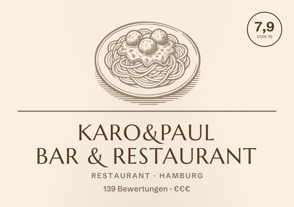 Illustriertes Poster von KARO&PAUL Bar & Restaurant, Restaurant in Hamburg: Bewertung 7,9 von 10 aus 139 Bewertungen, Preisniveau €€€