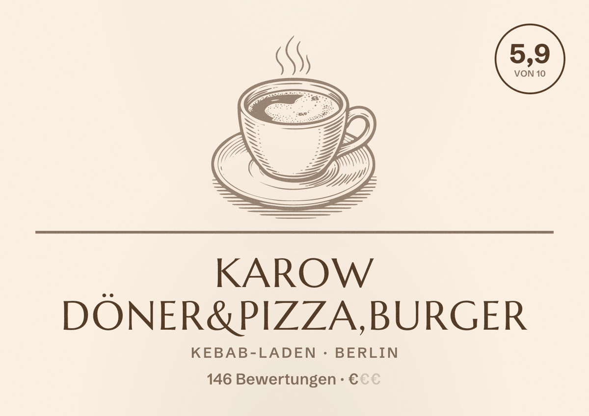 Illustriertes Poster von Karow Döner&Pizza,Burger, Kebab-Laden in Berlin: Bewertung 5,9 von 10 aus 146 Bewertungen, Preisniveau €