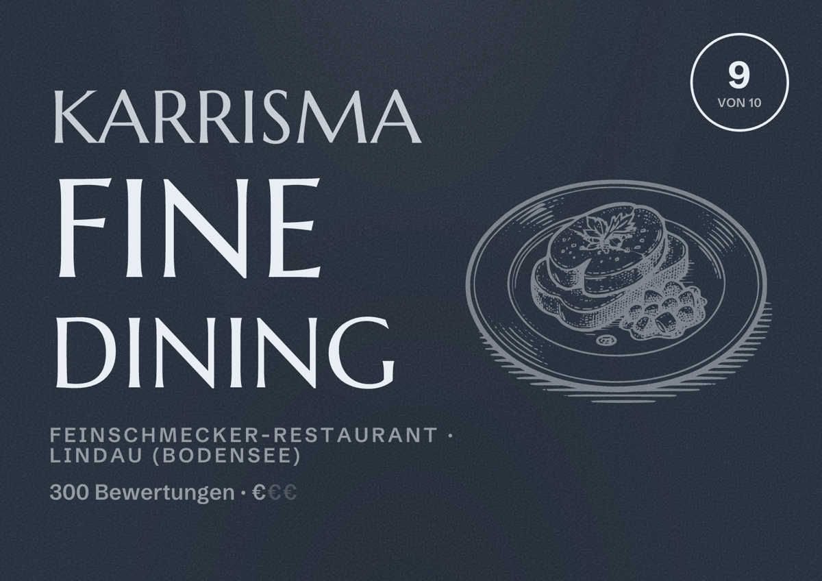 Illustriertes Poster von KARRisma fine dining, Feinschmecker-Restaurant in Lindau (Bodensee): Bewertung 9 von 10 aus 300 Bewertungen, Preisniveau €