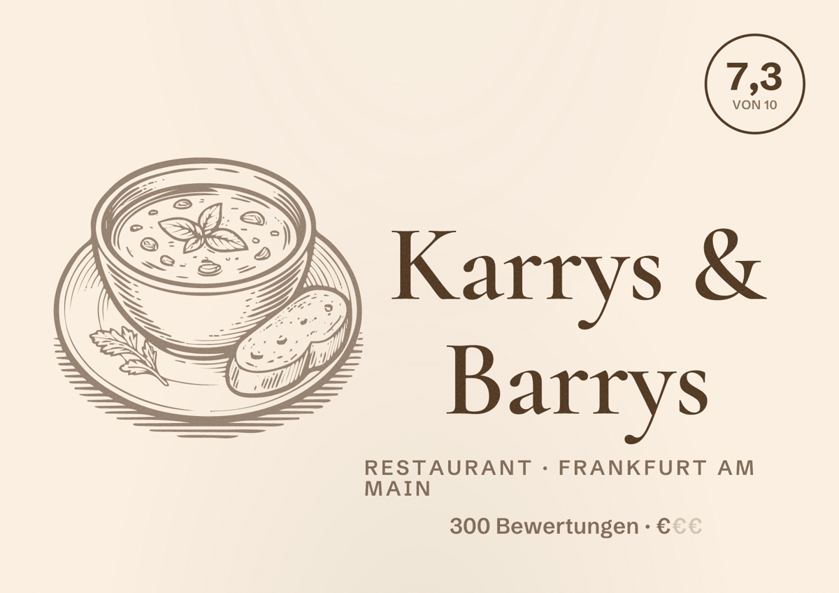 Illustriertes Poster von Karrys & Barrys, Restaurant in Frankfurt am Main: Bewertung 7,3 von 10 aus 300 Bewertungen, Preisniveau €