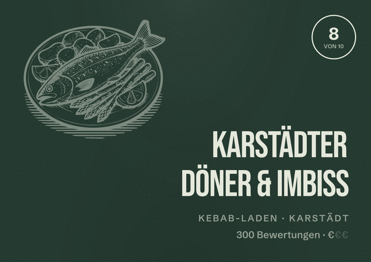 Illustriertes Poster von Karstädter Döner & Imbiss, Kebab-Laden in Karstädt: Bewertung 8 von 10 aus 300 Bewertungen, Preisniveau €