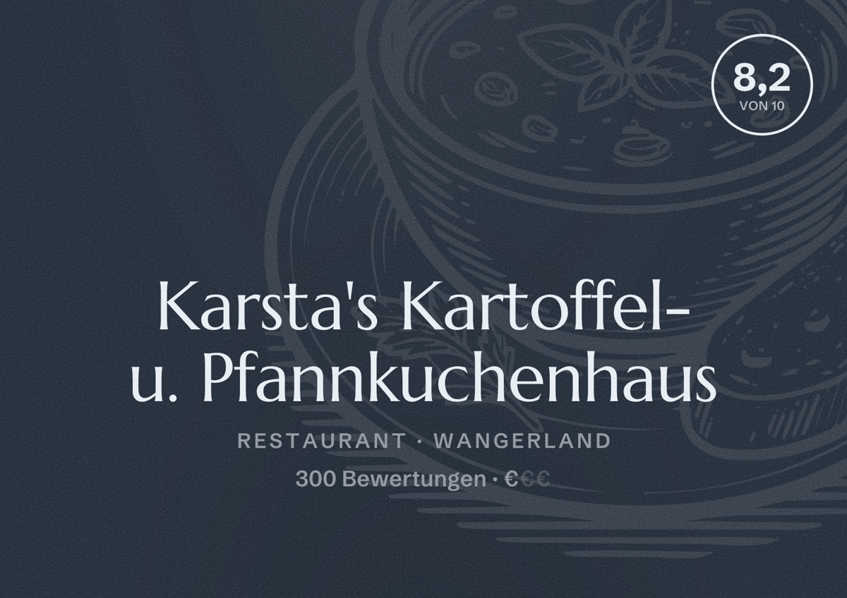 Illustriertes Poster von Karsta's Kartoffel- u. Pfannkuchenhaus, Restaurant in Wangerland: Bewertung 8,2 von 10 aus 300 Bewertungen, Preisniveau €