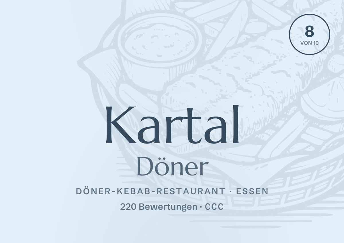 Illustriertes Poster von Kartal Döner, Döner-Kebab-Restaurant in Essen: Bewertung 8 von 10 aus 220 Bewertungen, Preisniveau €€€