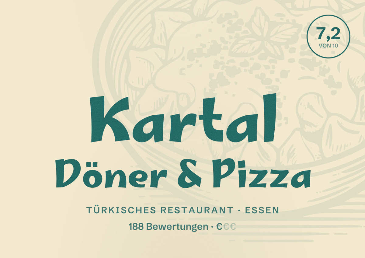 Illustriertes Poster von Kartal Döner & Pizza, Türkisches Restaurant in Essen: Bewertung 7,2 von 10 aus 188 Bewertungen, Preisniveau €