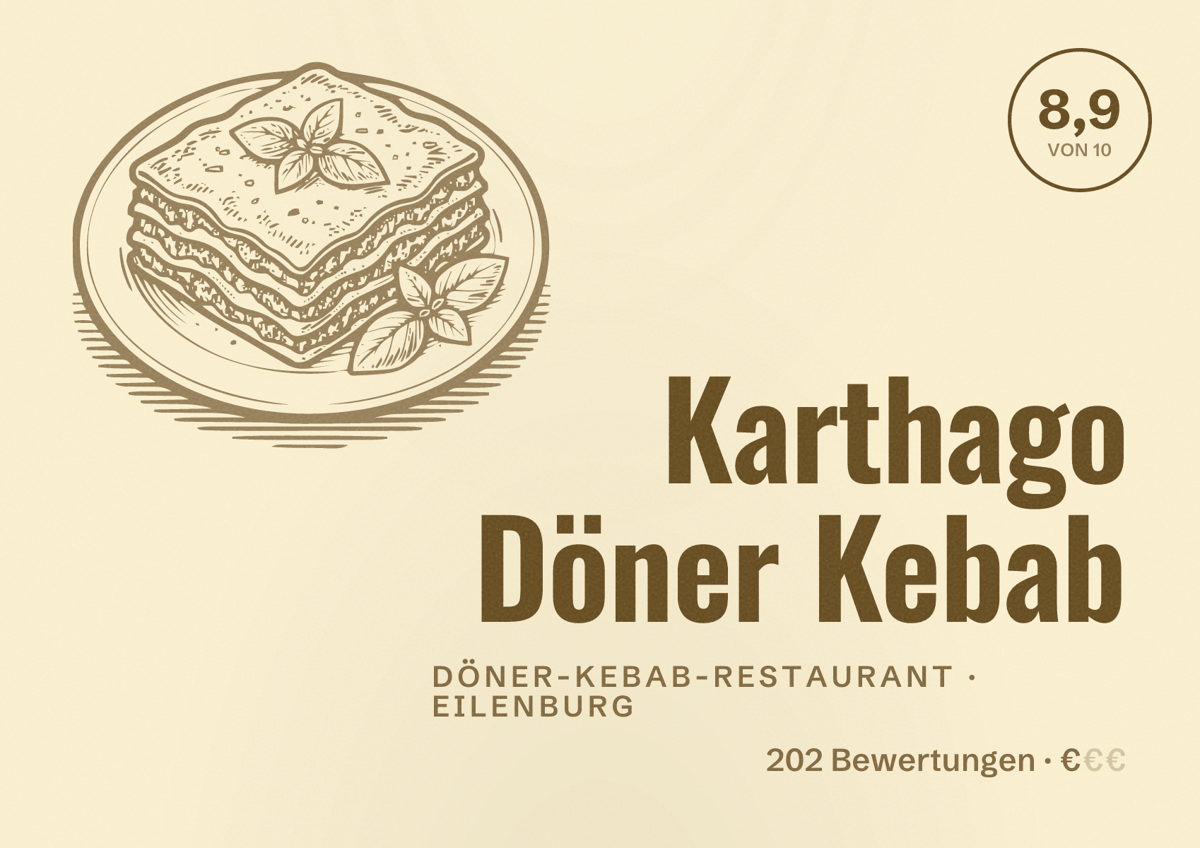 Illustriertes Poster von Karthago Döner Kebab, Döner-Kebab-Restaurant in Eilenburg: Bewertung 8,9 von 10 aus 202 Bewertungen, Preisniveau €