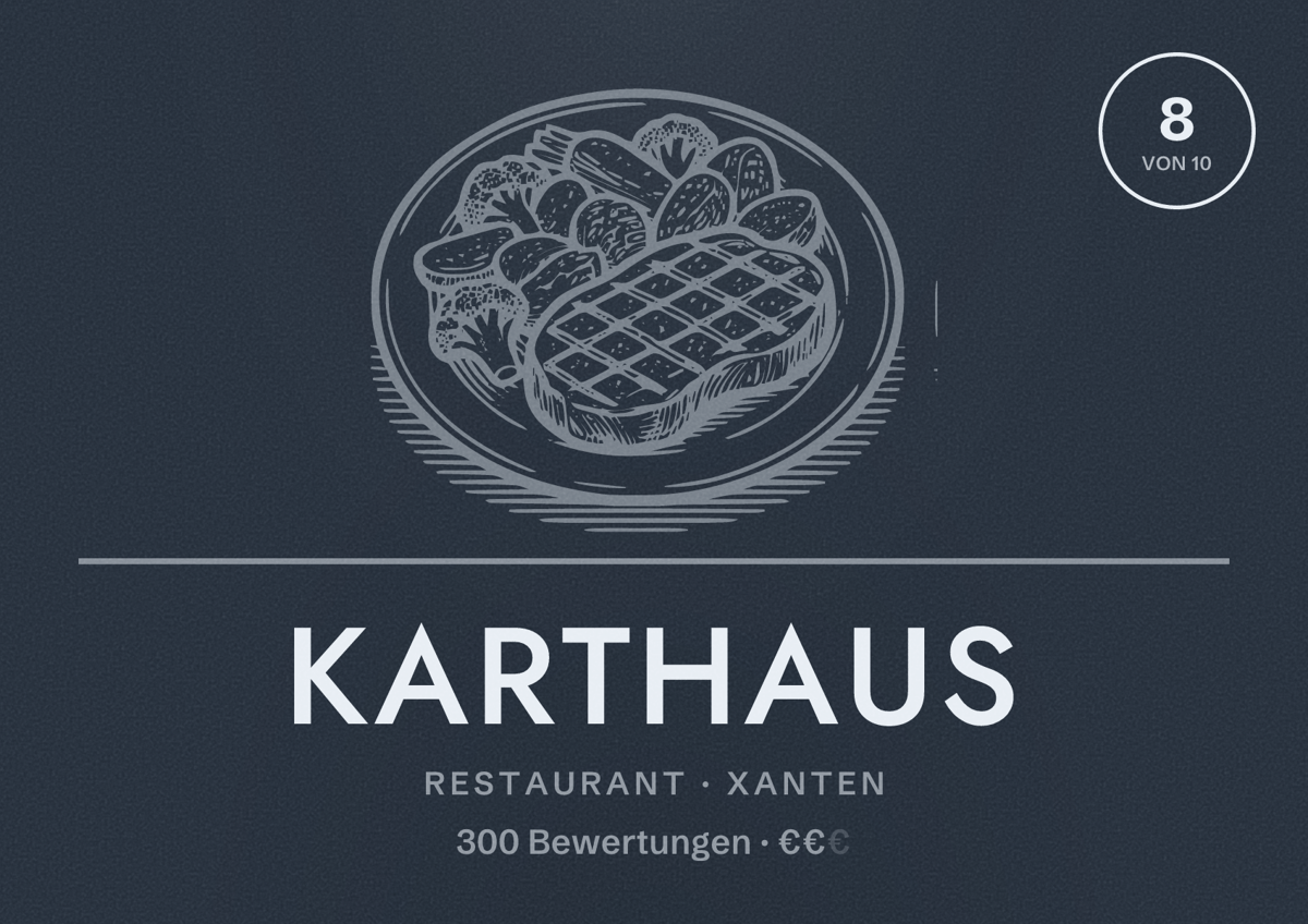 Illustriertes Poster von Karthaus, Restaurant in Xanten: Bewertung 8 von 10 aus 300 Bewertungen, Preisniveau €€