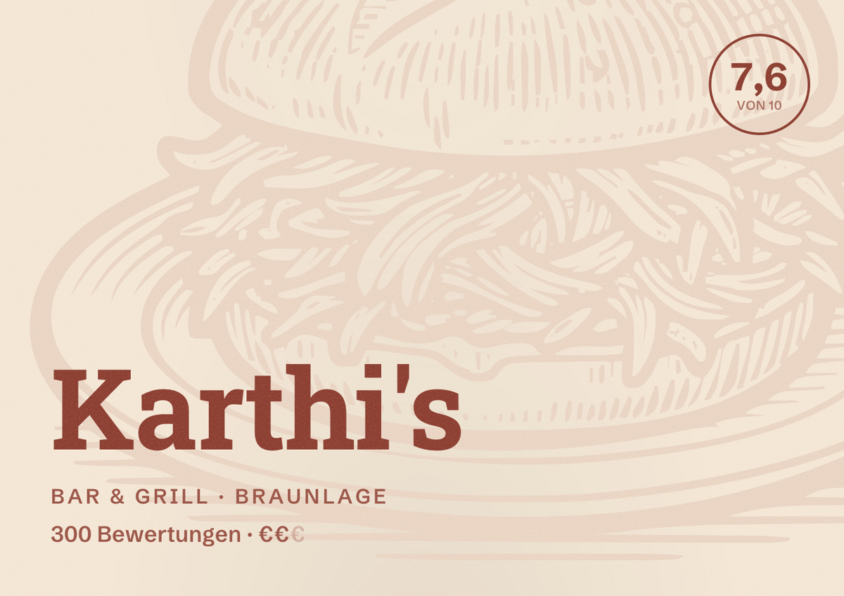 Illustriertes Poster von Karthi's, Bar & Grill in Braunlage: Bewertung 7,6 von 10 aus 300 Bewertungen, Preisniveau €€
