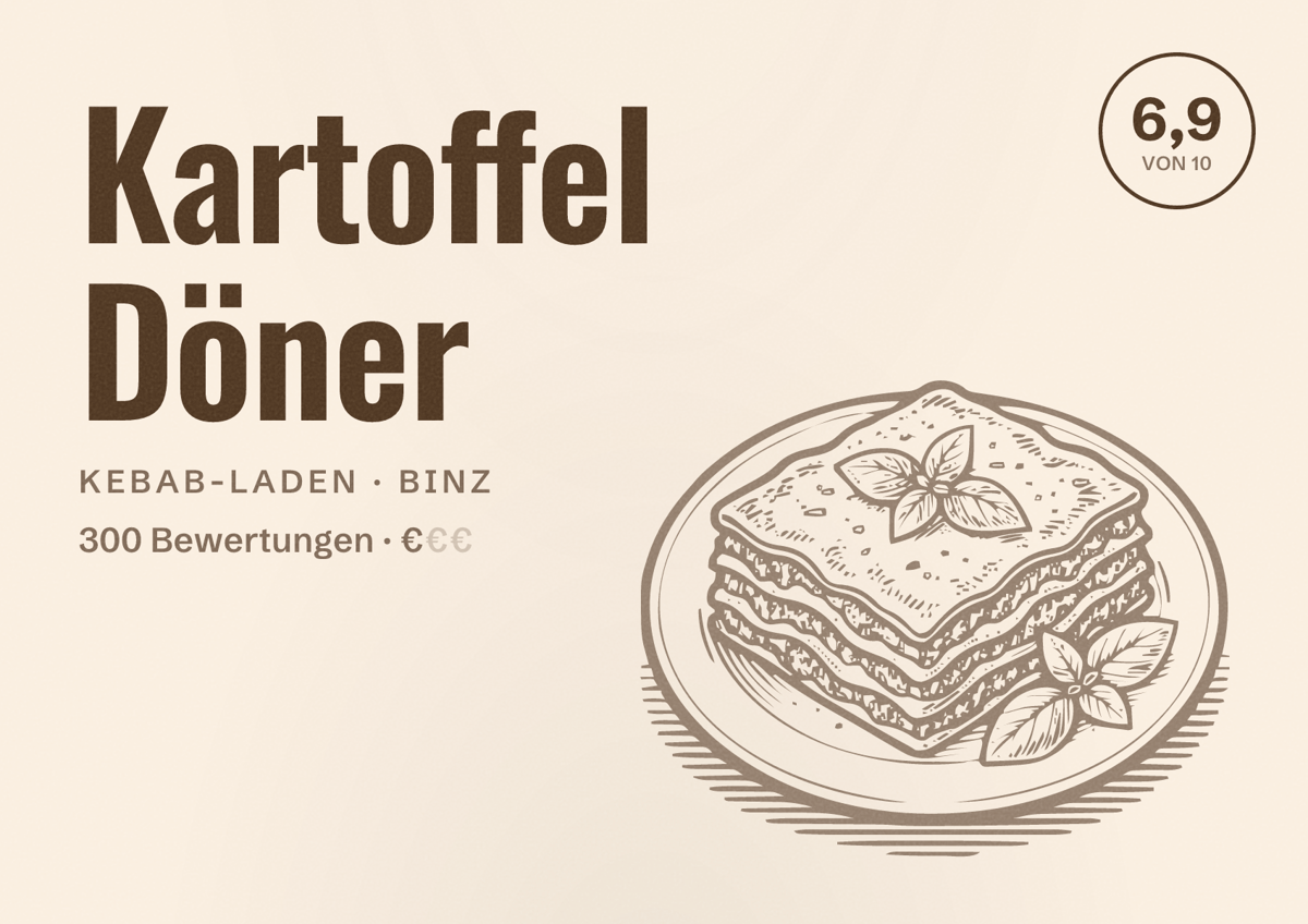 Illustriertes Poster von Kartoffel Döner, Kebab-Laden in Binz: Bewertung 6,9 von 10 aus 300 Bewertungen, Preisniveau €