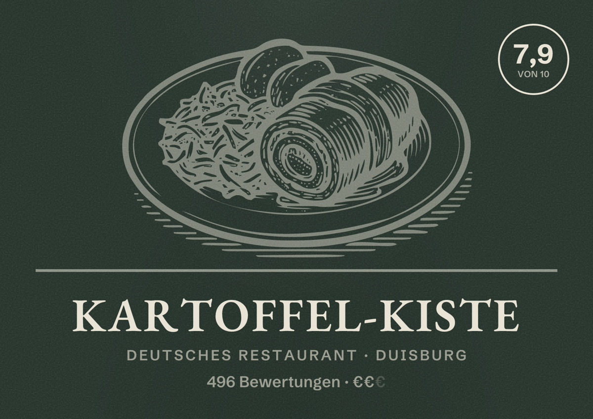 Illustriertes Poster von Kartoffel-Kiste, Deutsches Restaurant in Duisburg: Bewertung 7,9 von 10 aus 496 Bewertungen, Preisniveau €€