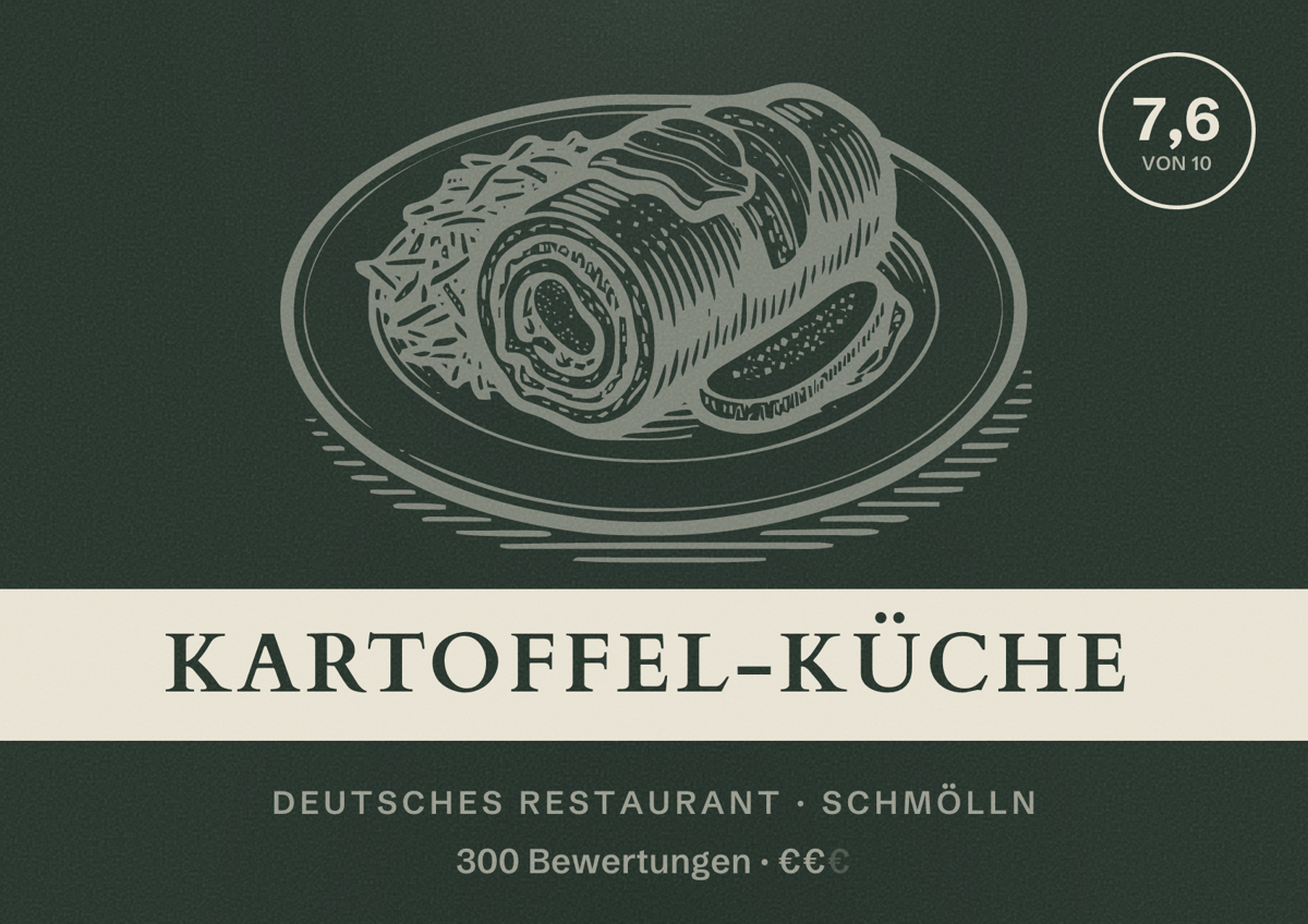 Illustriertes Poster von Kartoffel-Küche, Deutsches Restaurant in Schmölln: Bewertung 7,6 von 10 aus 300 Bewertungen, Preisniveau €€