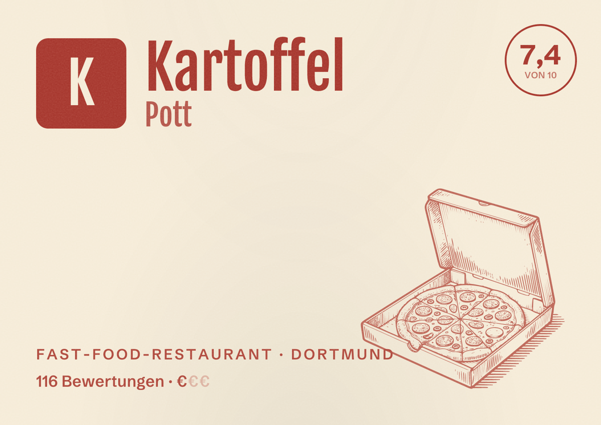 Illustriertes Poster von Kartoffel Pott, Fast-Food-Restaurant in Dortmund: Bewertung 7,4 von 10 aus 116 Bewertungen, Preisniveau €