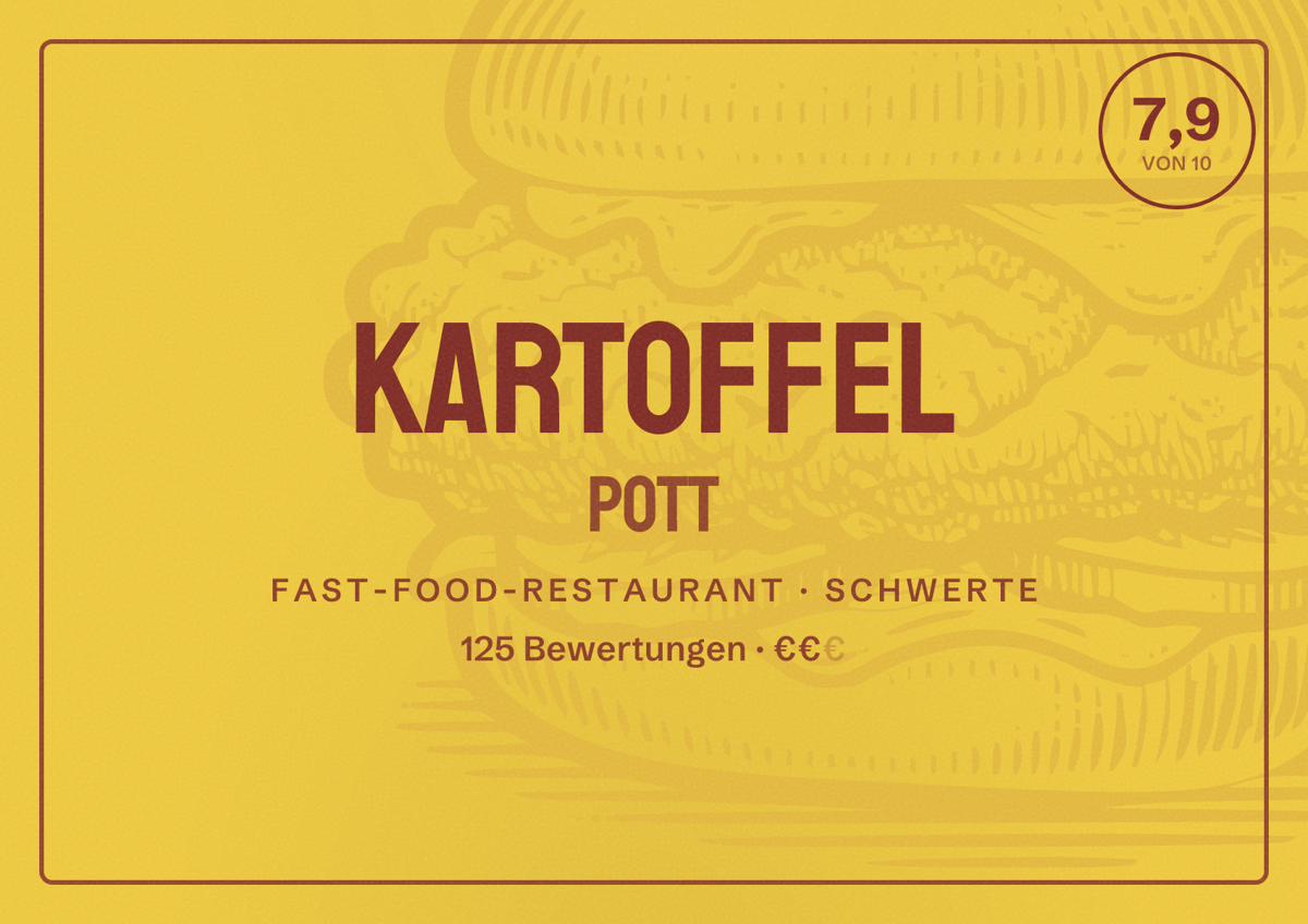 Illustriertes Poster von Kartoffel Pott, Fast-Food-Restaurant in Schwerte: Bewertung 7,9 von 10 aus 125 Bewertungen, Preisniveau €€