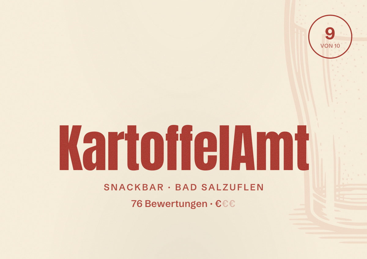 Illustriertes Poster von KartoffelAmt, Snackbar in Bad Salzuflen: Bewertung 9 von 10 aus 76 Bewertungen, Preisniveau €