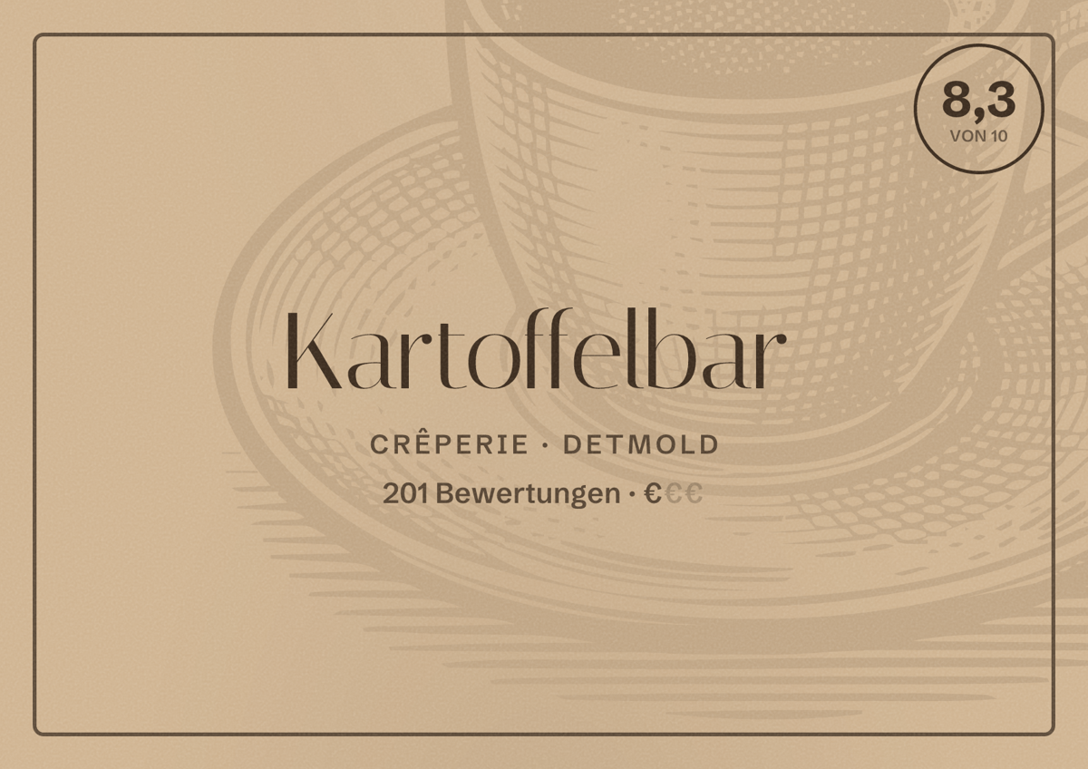 Illustriertes Poster von Kartoffelbar, Crêperie in Detmold: Bewertung 8,3 von 10 aus 201 Bewertungen, Preisniveau €