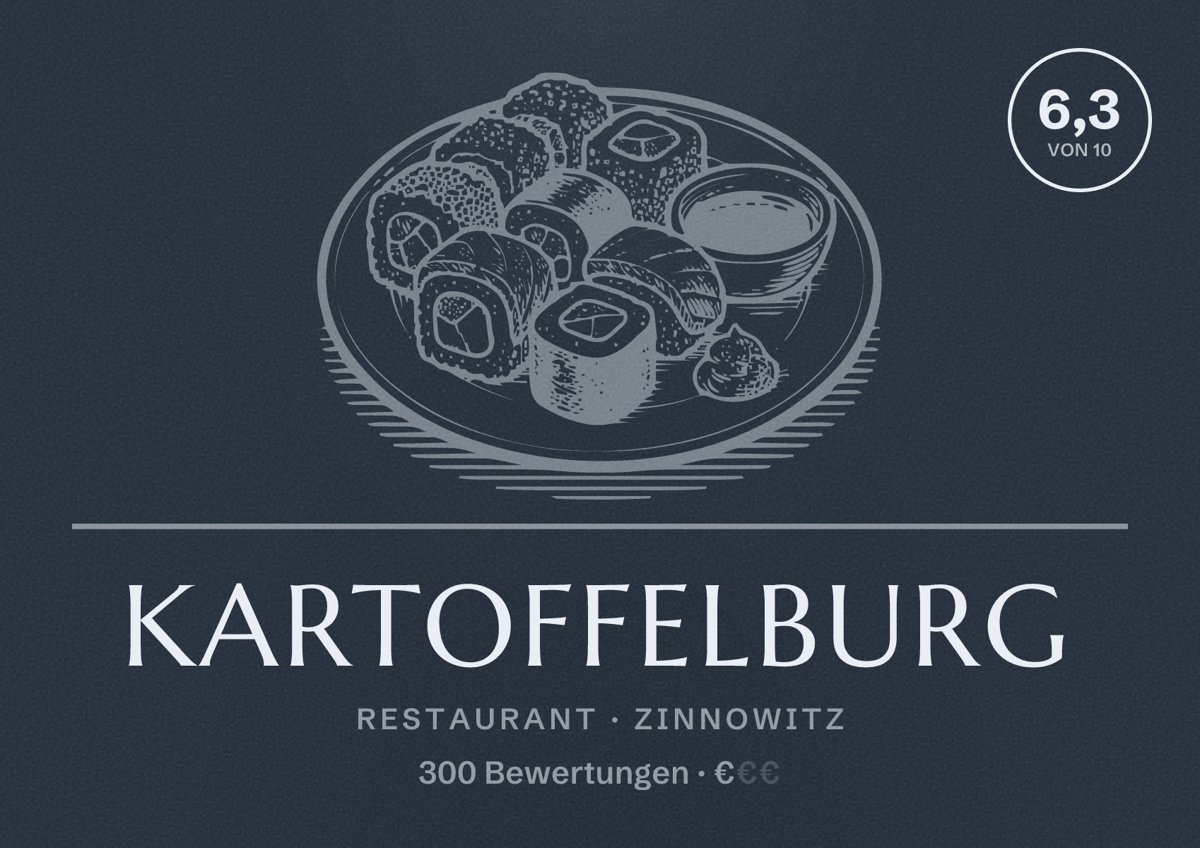 Illustriertes Poster von Kartoffelburg, Restaurant in Zinnowitz: Bewertung 6,3 von 10 aus 300 Bewertungen, Preisniveau €