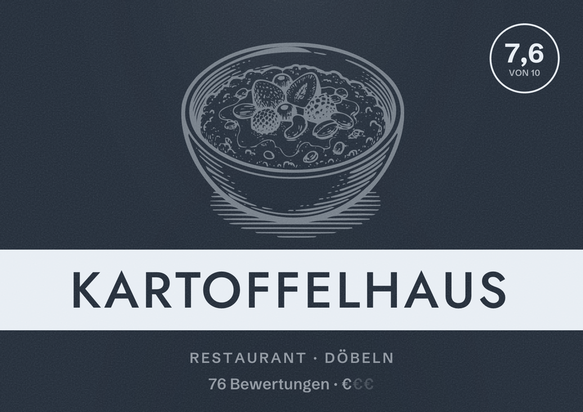 Illustriertes Poster von Kartoffelhaus, Restaurant in Döbeln: Bewertung 7,6 von 10 aus 76 Bewertungen, Preisniveau €