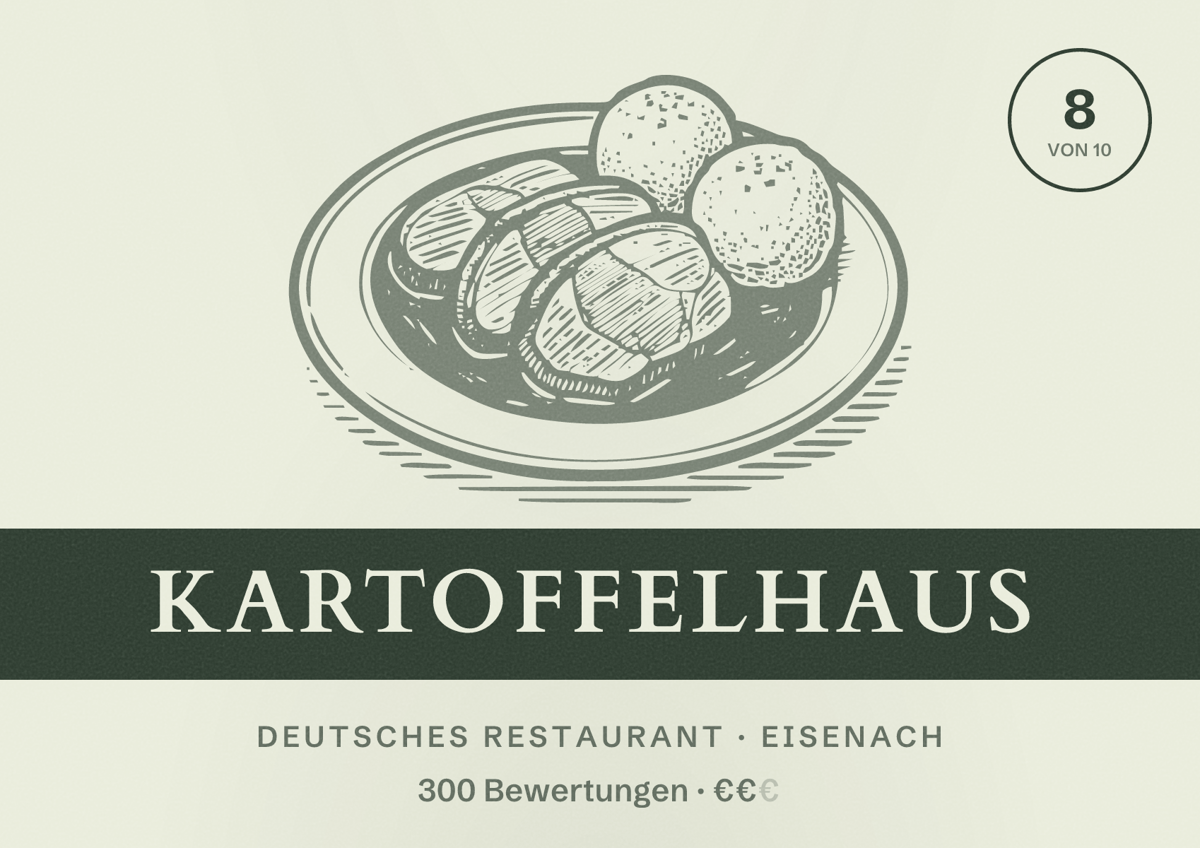 Illustriertes Poster von Kartoffelhaus, Deutsches Restaurant in Eisenach: Bewertung 8 von 10 aus 300 Bewertungen, Preisniveau €€