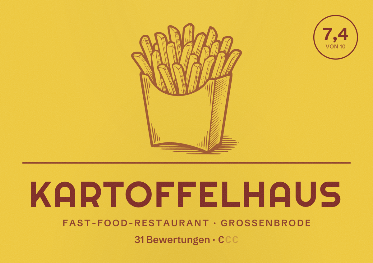 Illustriertes Poster von Kartoffelhaus, Fast-Food-Restaurant in Großenbrode: Bewertung 7,4 von 10 aus 31 Bewertungen, Preisniveau €