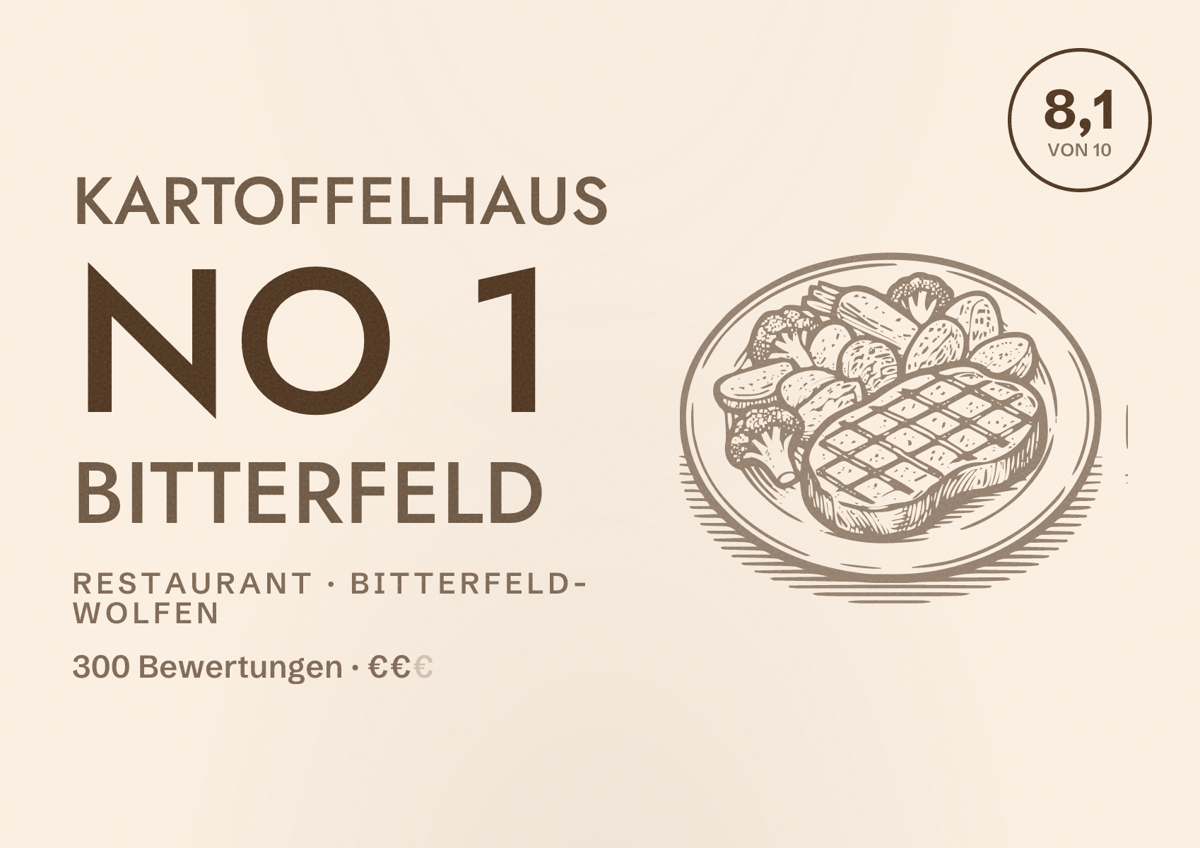 Illustriertes Poster von Kartoffelhaus No 1 Bitterfeld, Restaurant in Bitterfeld-Wolfen: Bewertung 8,1 von 10 aus 300 Bewertungen, Preisniveau €€