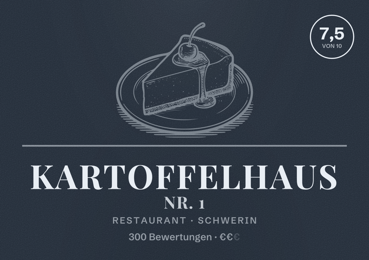 Illustriertes Poster von Kartoffelhaus Nr. 1, Restaurant in Schwerin: Bewertung 7,5 von 10 aus 300 Bewertungen, Preisniveau €€
